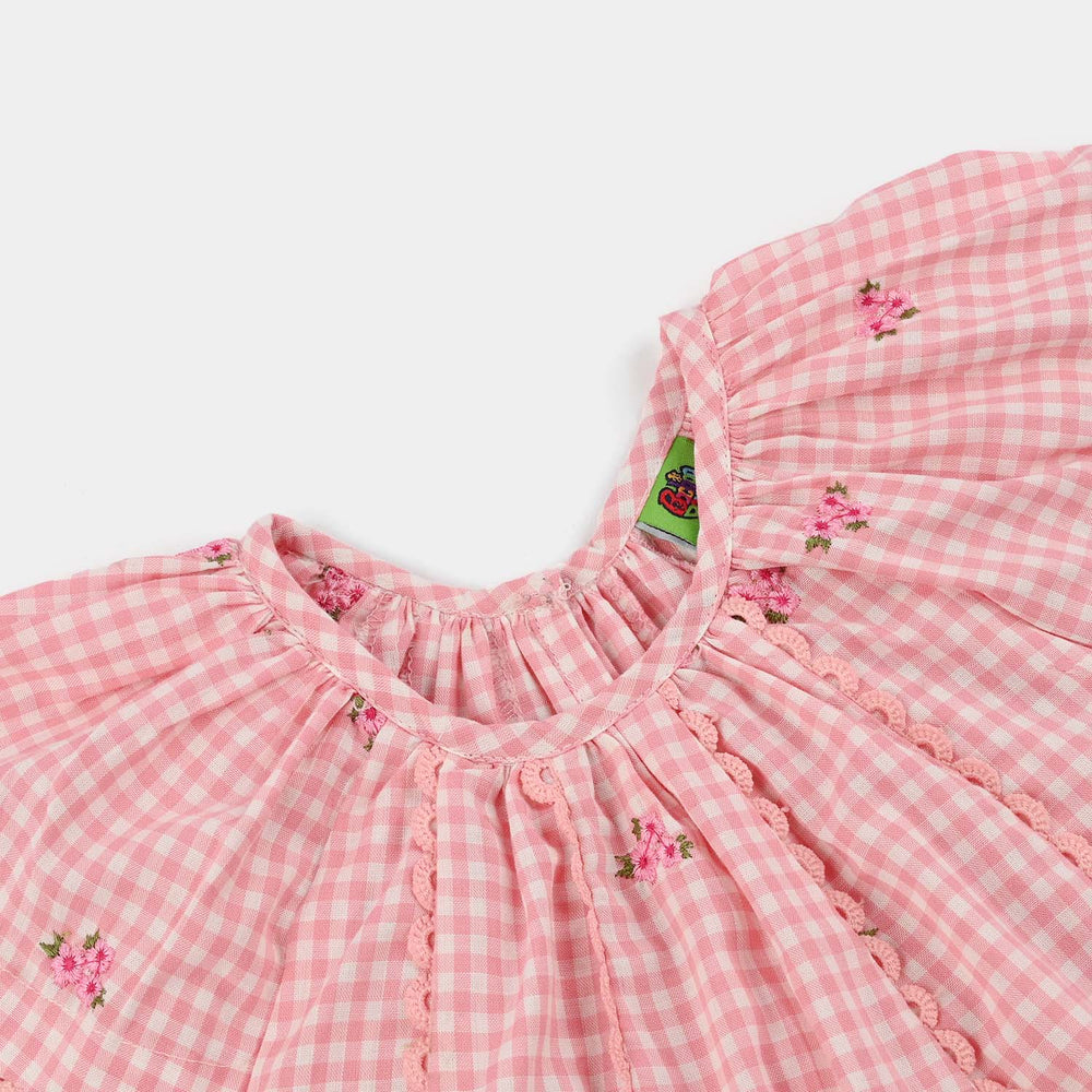 Infant Girls Cotton Embroidered Top Pink Checks - Pink