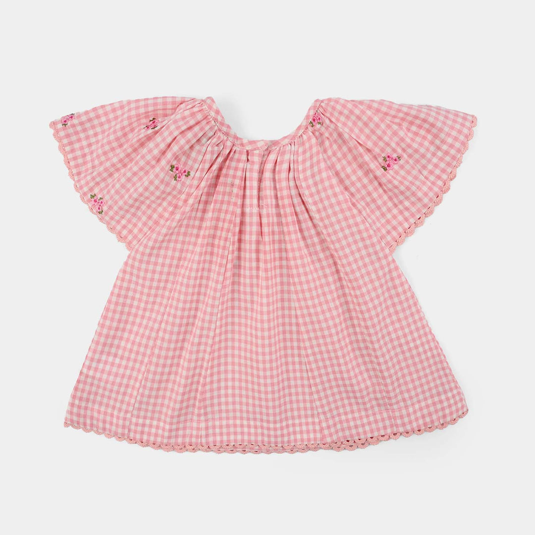 Infant Girls Cotton Embroidered Top Pink Checks - Pink