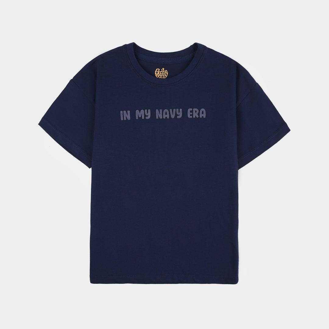 Girls Slogan Print Cotton Jersey T-Shirt Era – Navy Blue