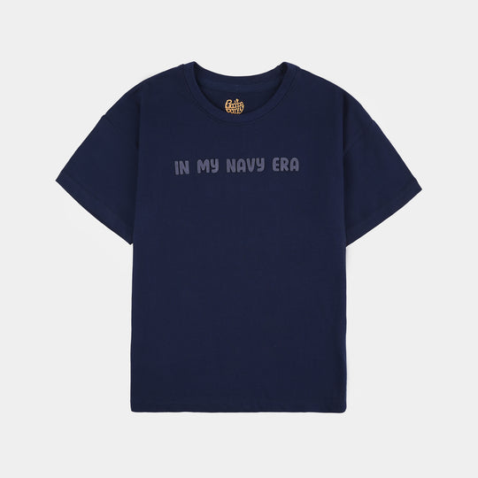 Girls Slogan Print Cotton Jersey T-Shirt Era – Navy Blue