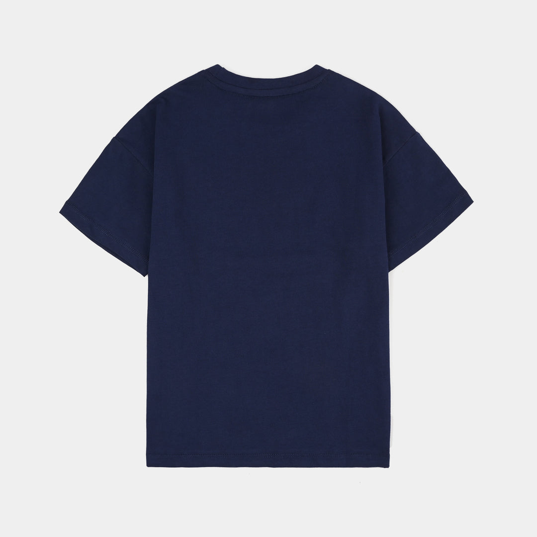 Girls Slogan Print Cotton Jersey T-Shirt Era – Navy Blue