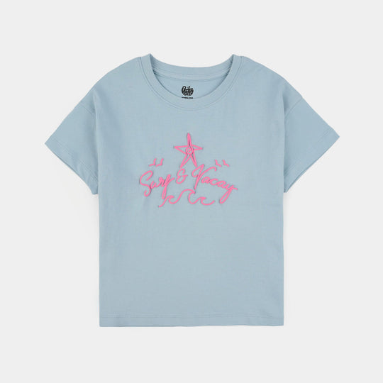 Girls Jersey Terry T-Shirt (Surf & Vacay) - Light Blue