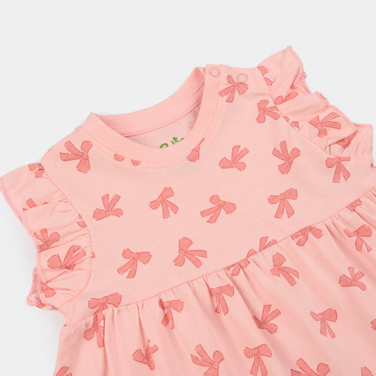 Infant Girls Jersey/Terry Knitted Frock (Bow) - Pink
