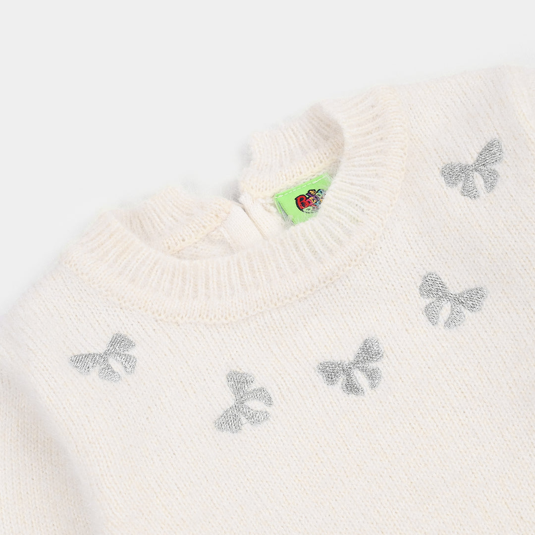 Infant Girls Acrylic Sweater-Lurex Bow-Off White