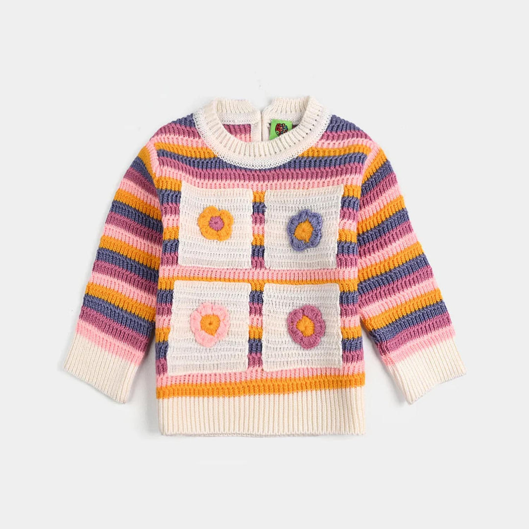 Infant Girls Sweater-Stripe & Flower-Multi