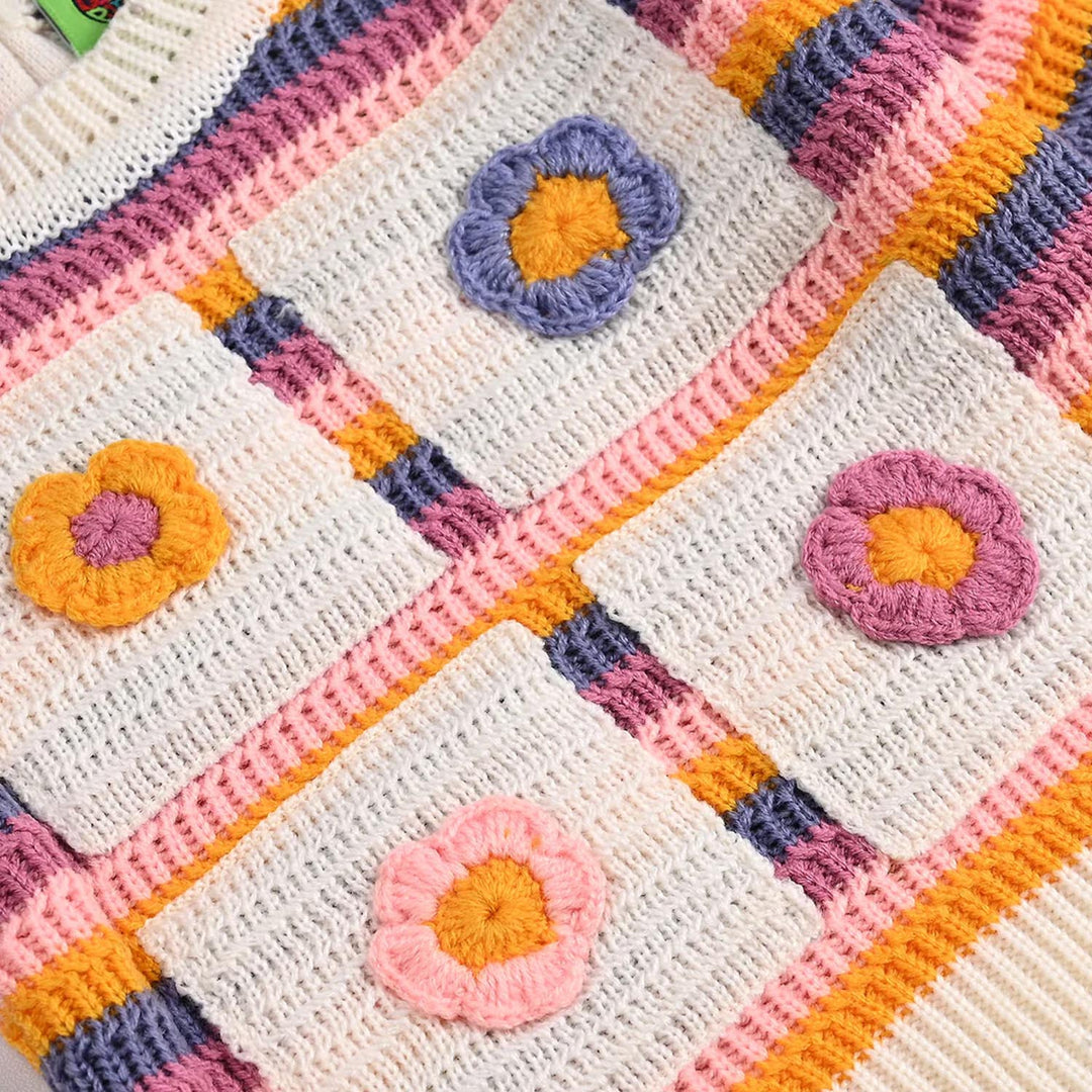 Infant Girls Sweater-Stripe & Flower-Multi
