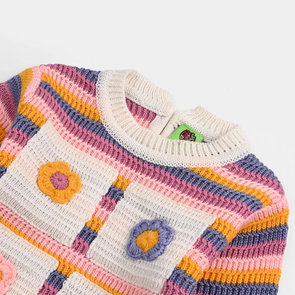 Infant Girls Sweater-Stripe & Flower-Multi