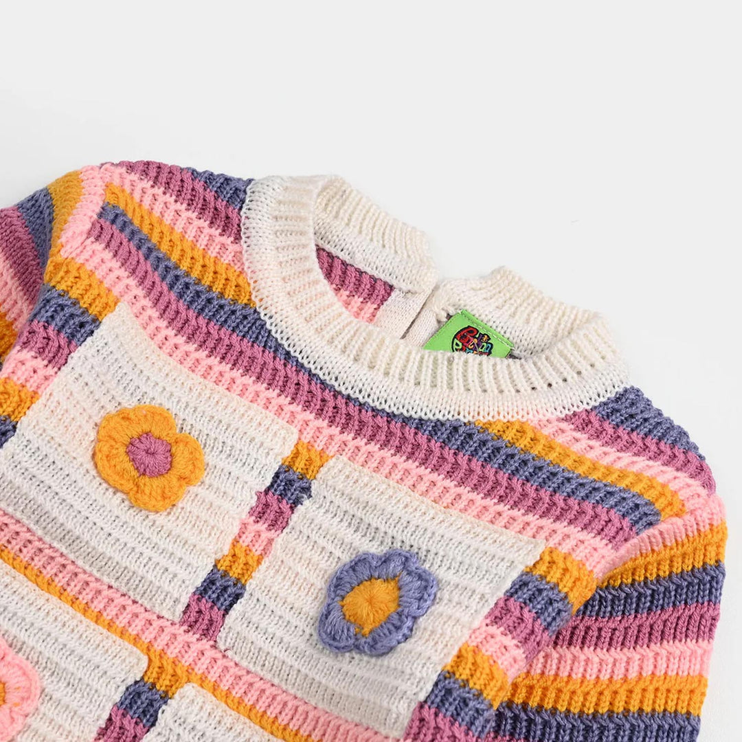 Infant Girls Sweater-Stripe & Flower-Multi