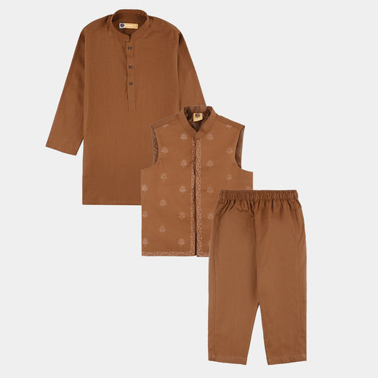 Boys Cotton Slub 3-Piece Suit - Brown
