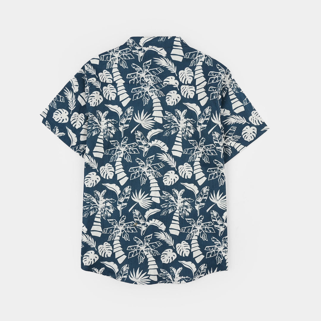 Boys Cotton Slub Shirt (Tropical) - Navy