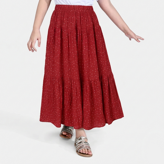 Girls Cotton Long Skirt (Heart) - Red