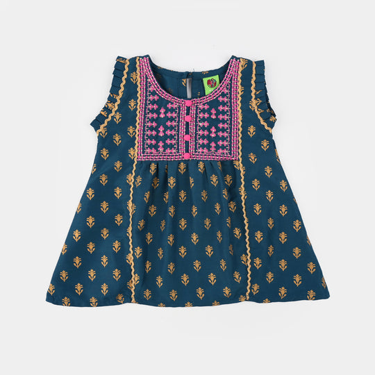 Infant Girls Poly Cambric Embroidered & Printed Kurti (Baby Gul) - Teal