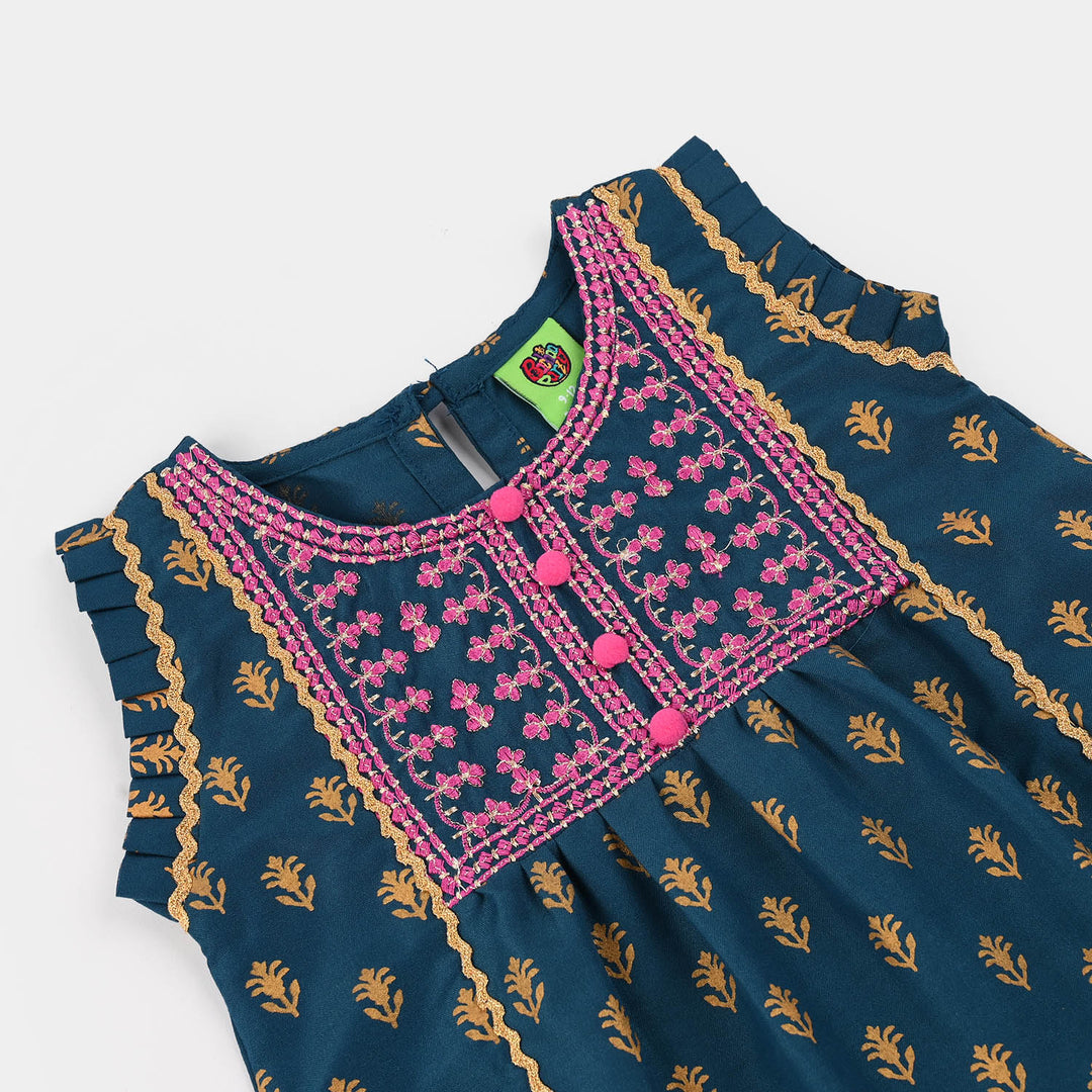 Infant Girls Poly Cambric Embroidered & Printed Kurti (Baby Gul) - Teal