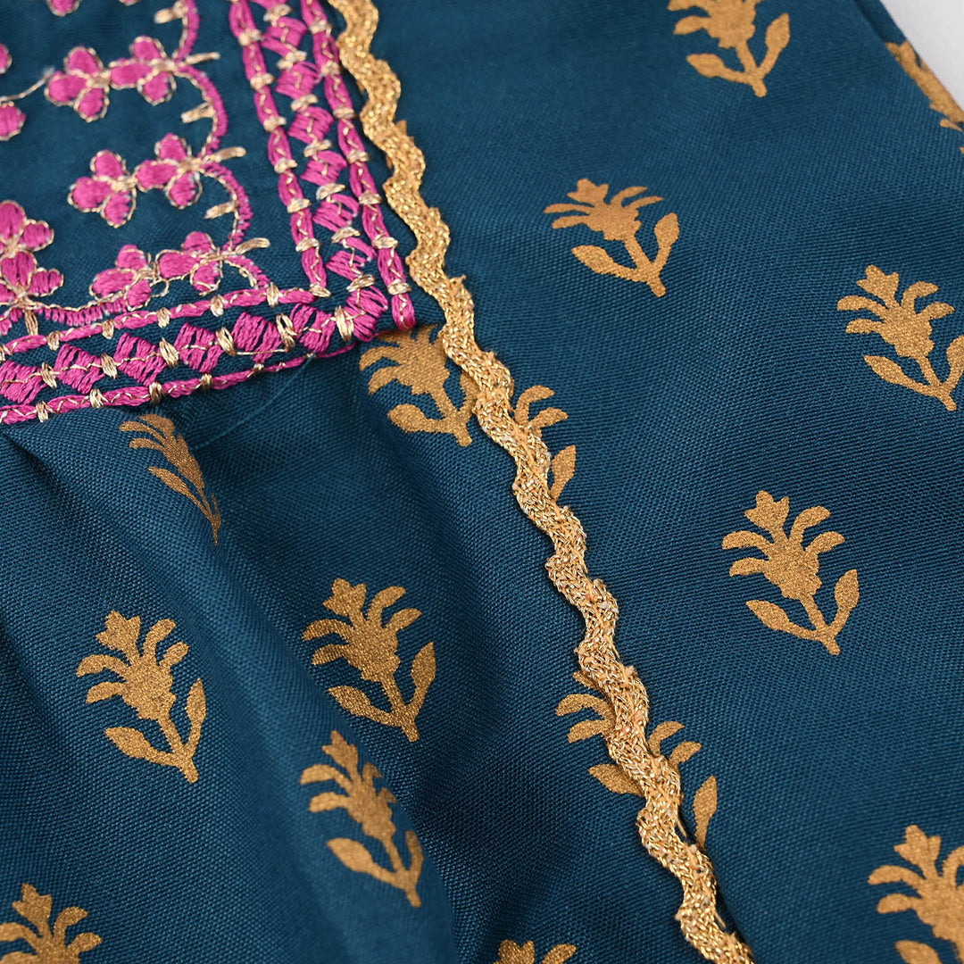 Infant Girls Poly Cambric Embroidered & Printed Kurti (Baby Gul) - Teal