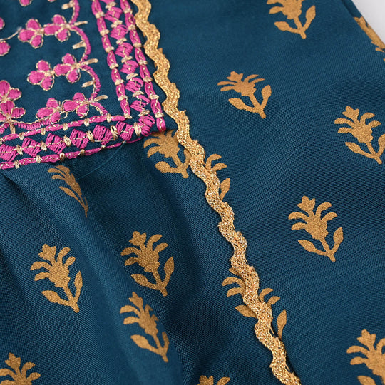 Infant Girls Poly Cambric Embroidered & Printed Kurti (Baby Gul) - Teal
