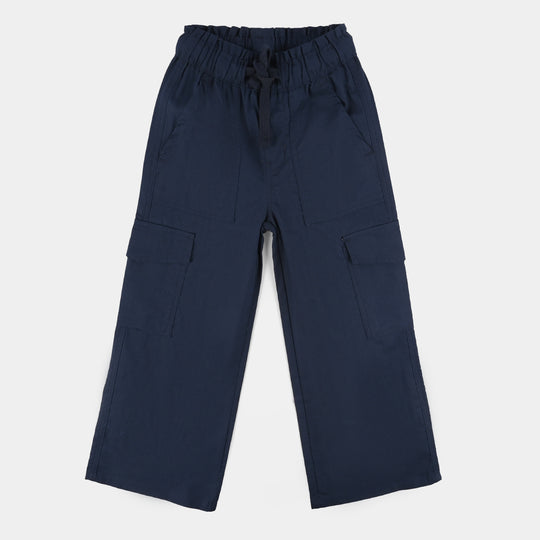 Girls Cotton Slub Pants (Pleated) - Blue
