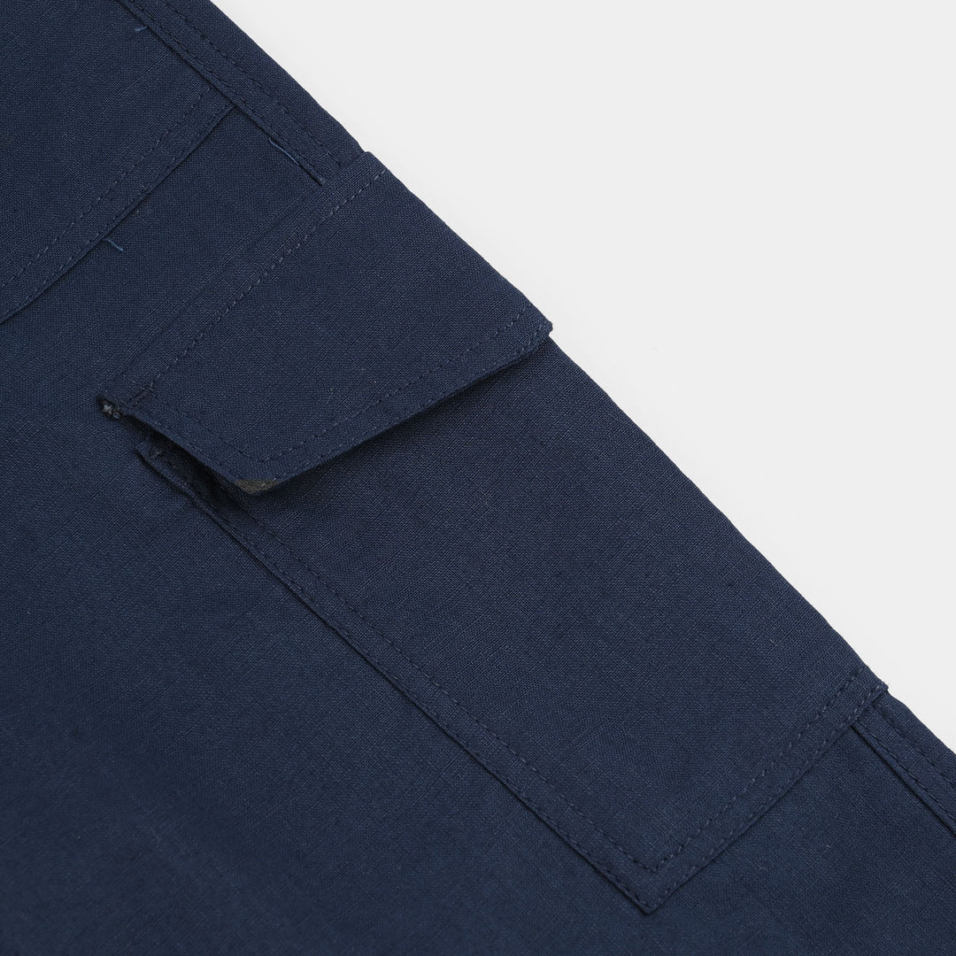 Girls Cotton Slub Pants (Pleated) - Blue