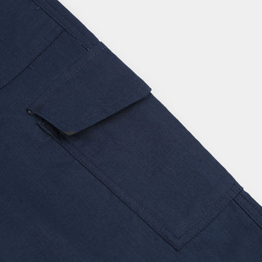 Girls Cotton Slub Pants (Pleated) - Blue