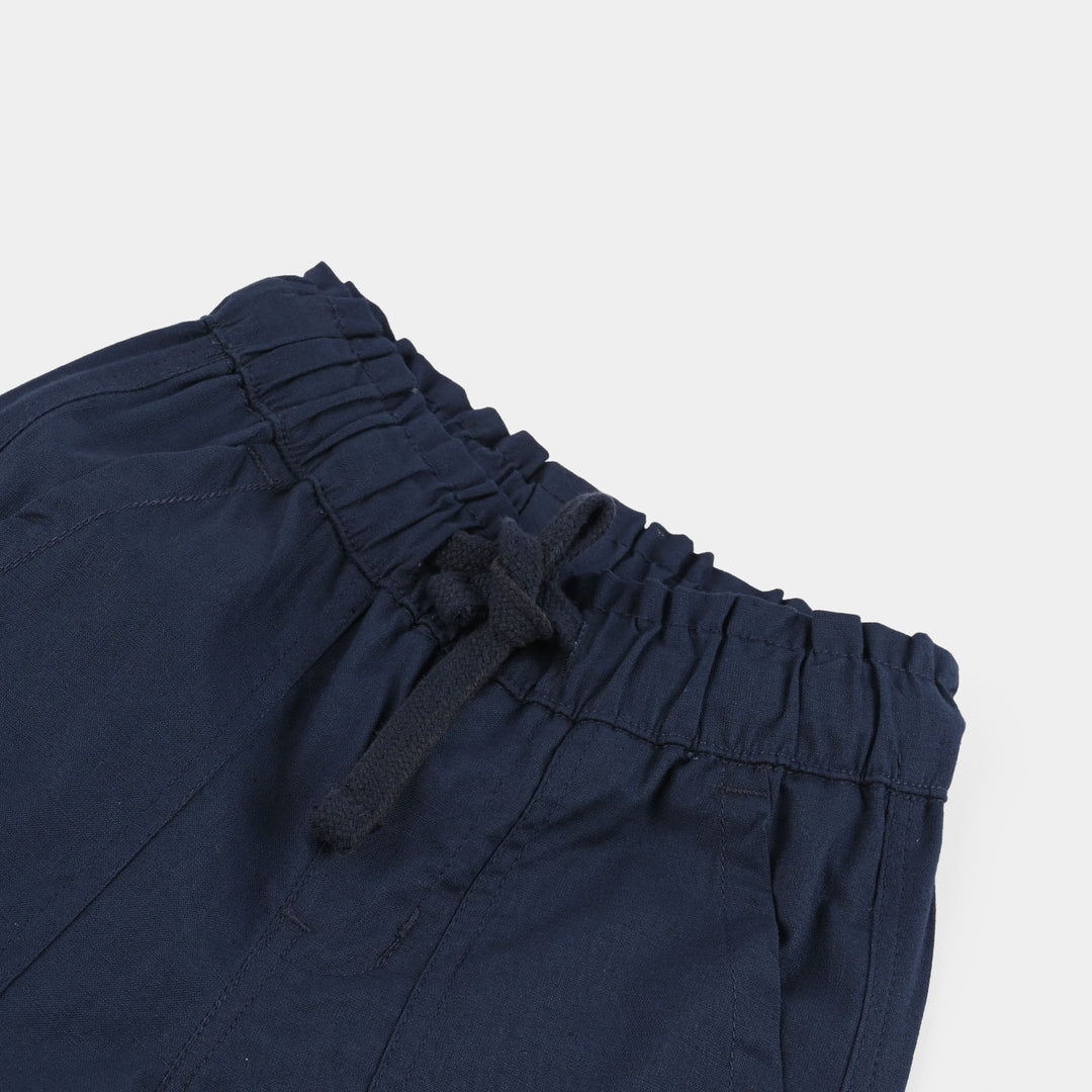 Girls Cotton Slub Pants (Pleated) - Blue