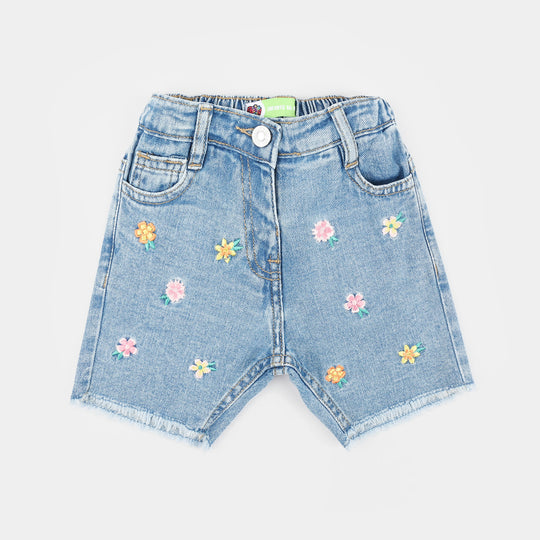 Infant Girls Denim Rigid Short Floral Embroidered – Light Blue