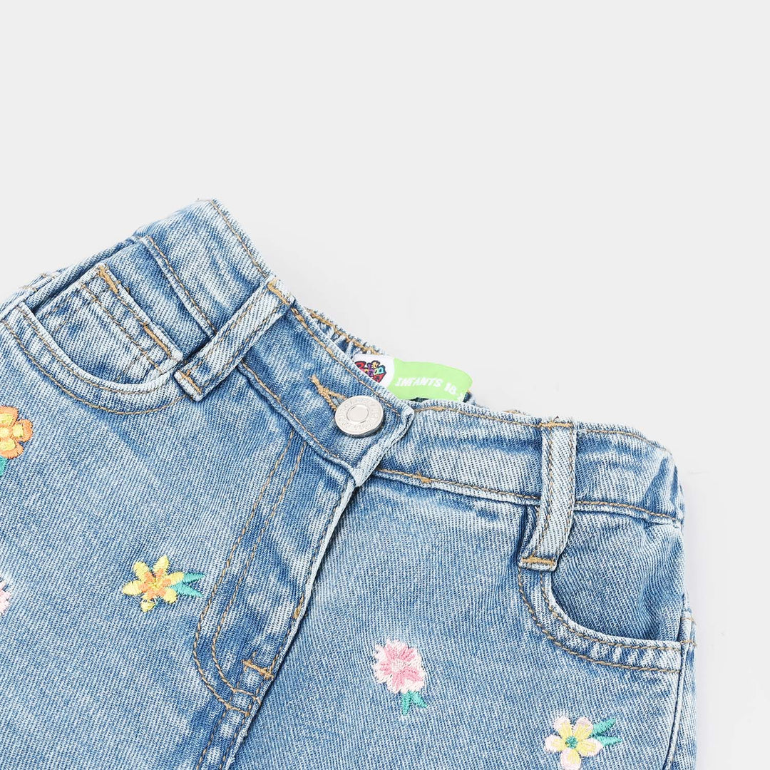 Infant Girls Denim Rigid Short Floral Embroidered – Light Blue
