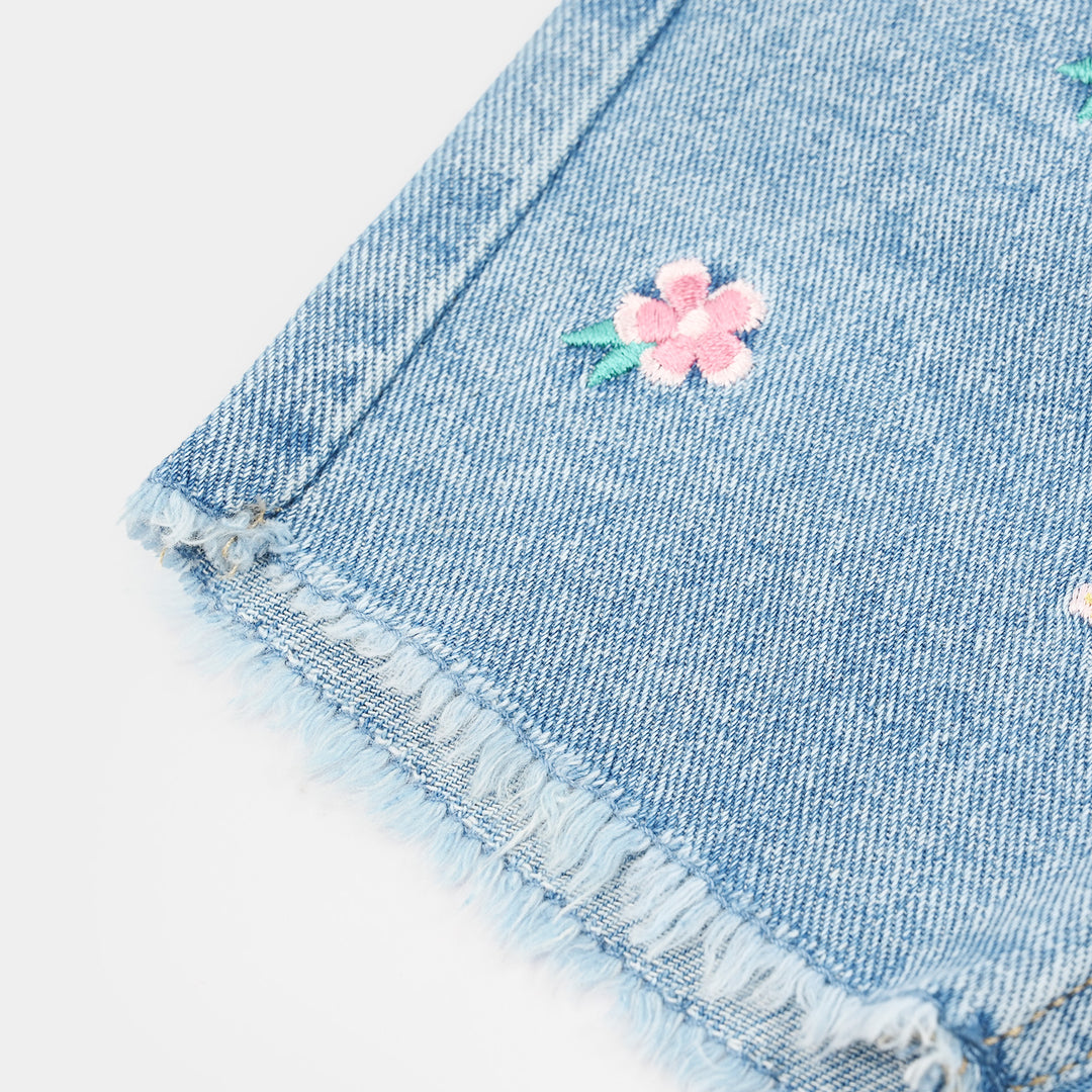 Infant Girls Denim Rigid Short Floral Embroidered – Light Blue