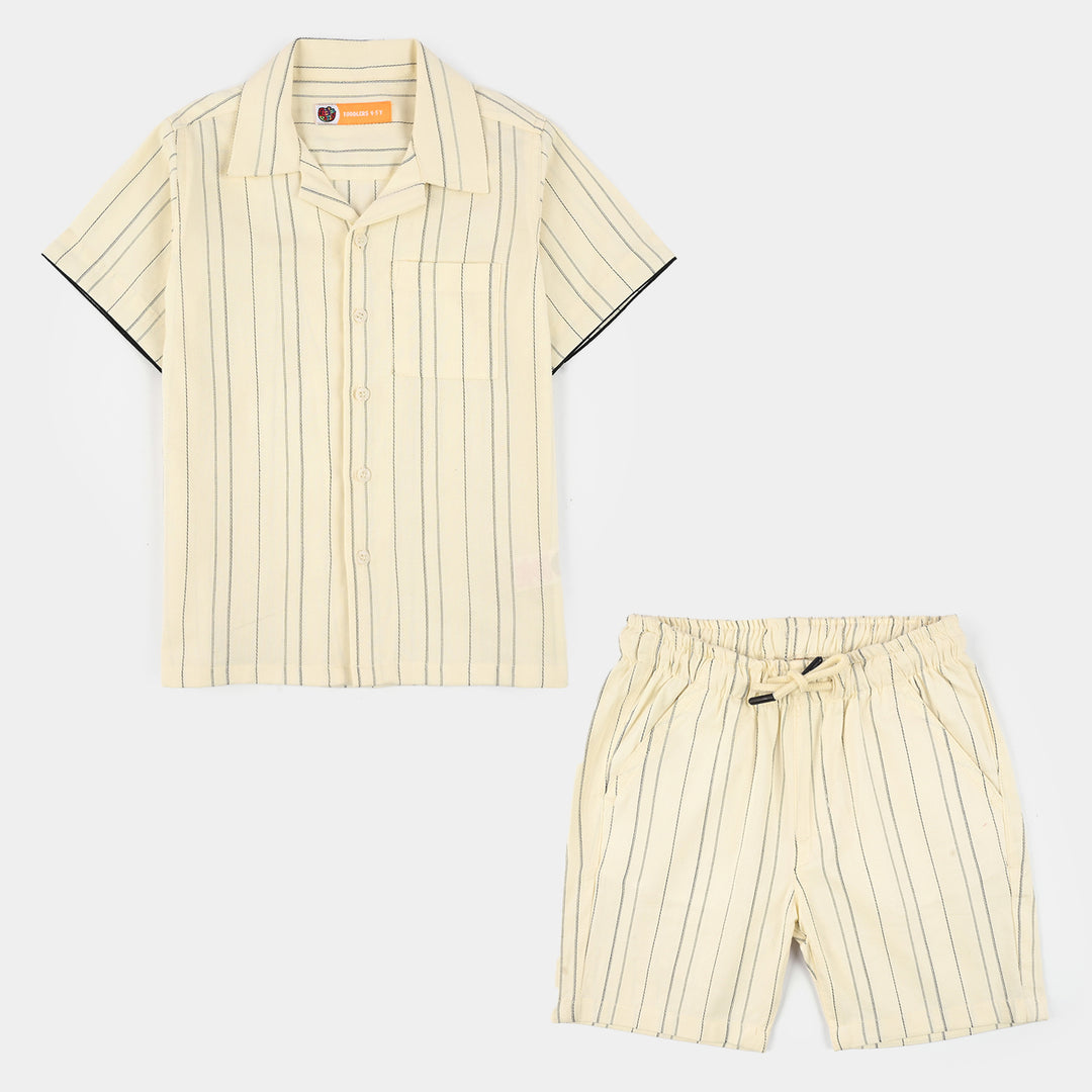 Boys Yarn Dyed Woven Suit 2 Piece (Cuban Stripe) - Off White