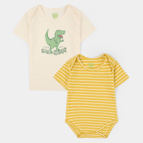 Infant Boys Cotton Jersey T-Shirt + Romper (Big Roar) - Off White/Yellow