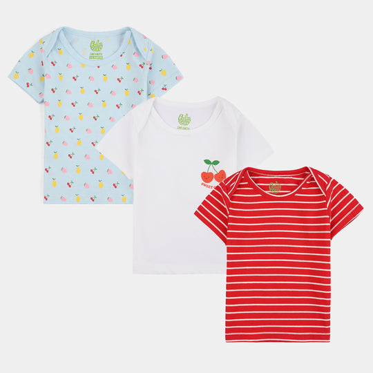 Infant Girls Cotton Jersey T-Shirt Set (Fruits Pack of 3) - Blue/Red/Multi