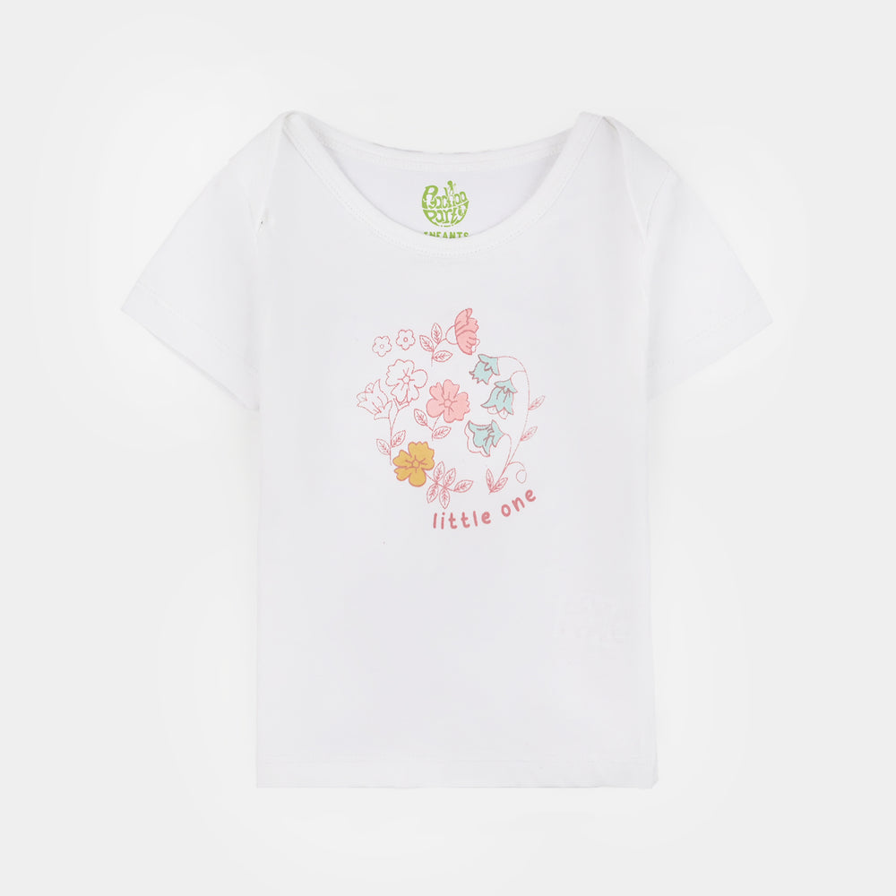Infant Girls Cotton Jersey Set (Little One T-Shirt + Frock + Trouser) - White/Pink