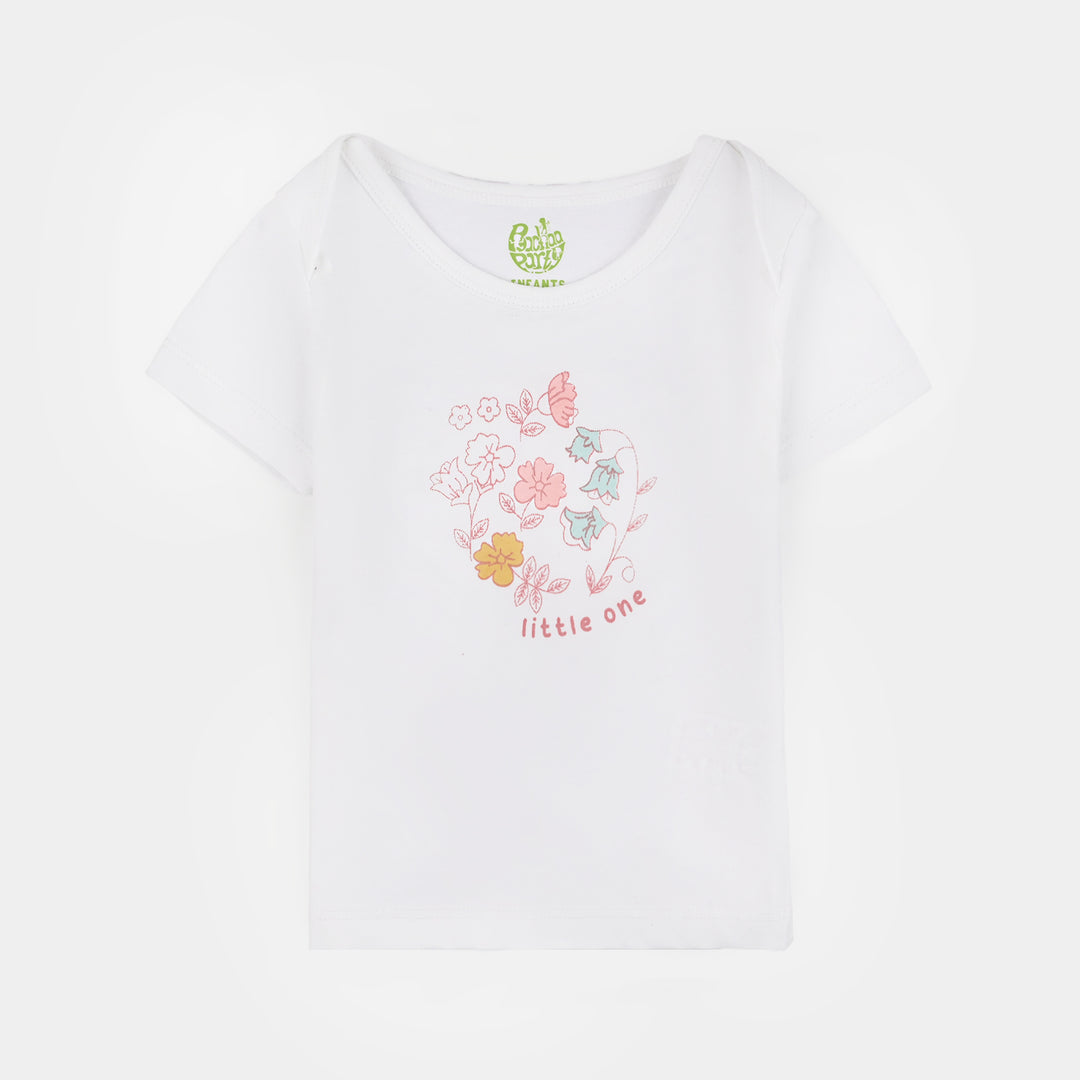 Infant Girls Cotton Jersey Set (Little One T-Shirt + Frock + Trouser) - White/Pink