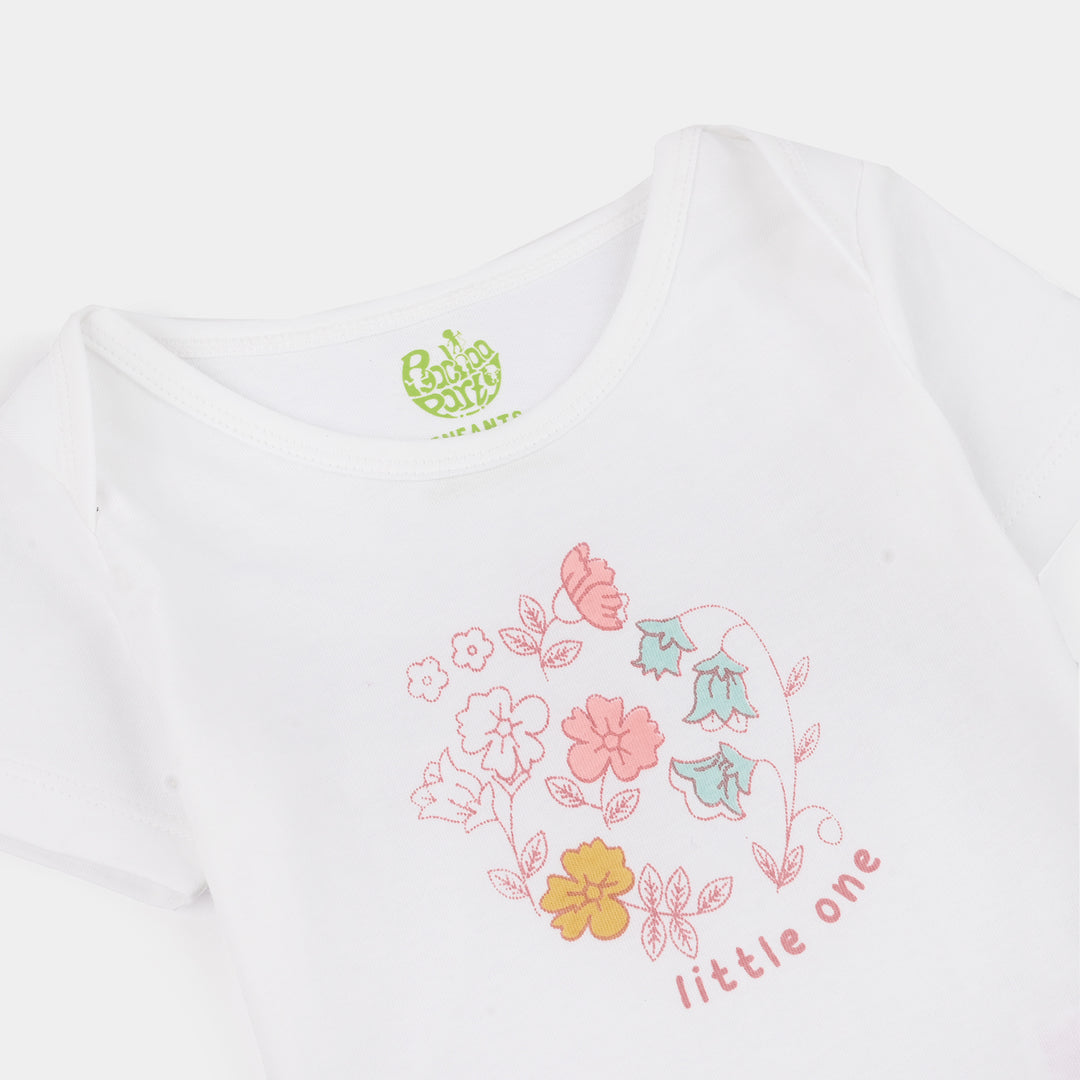 Infant Girls Cotton Jersey Set (Little One T-Shirt + Frock + Trouser) - White/Pink