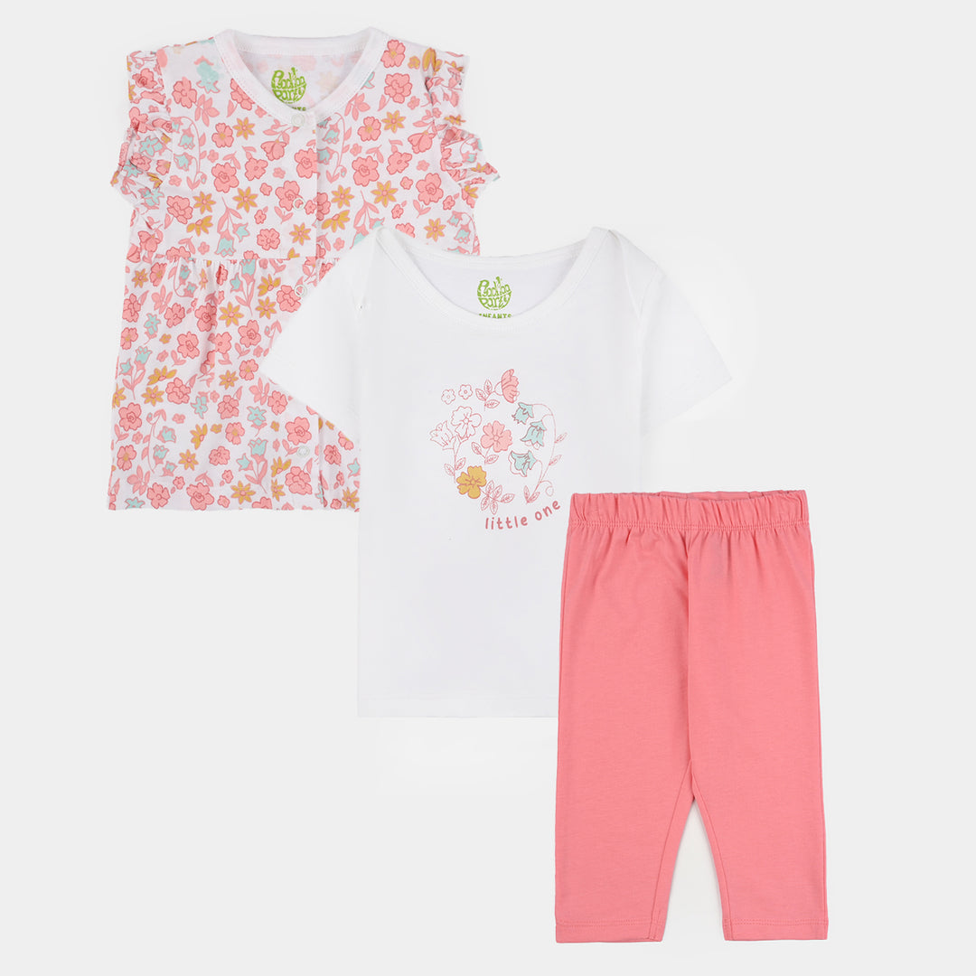 Infant Girls Cotton Jersey Set (Little One T-Shirt + Frock + Trouser) - White/Pink