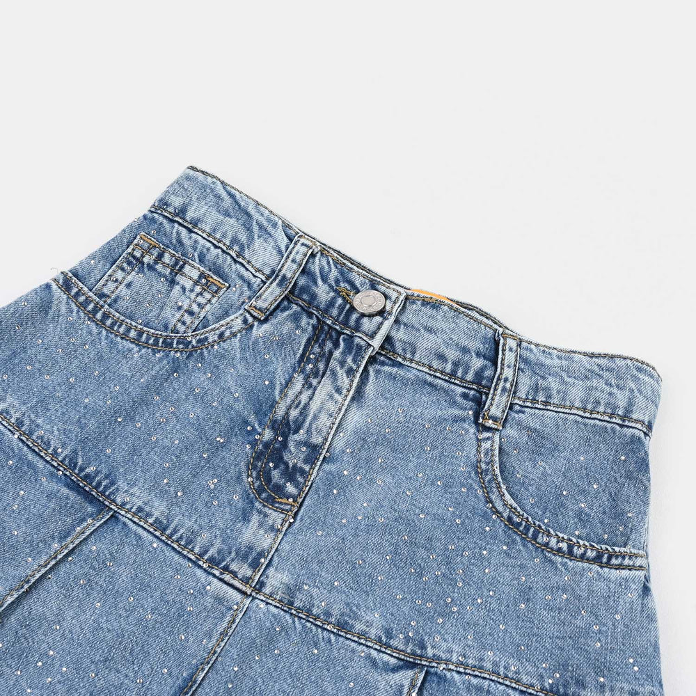 Girls Denim rigid Skirt Pearls-L.Blue