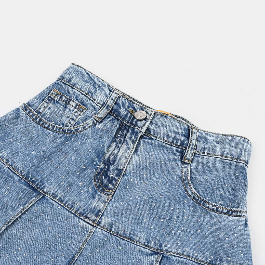 Girls Denim rigid Skirt Pearls-L.Blue