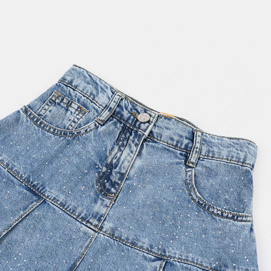 Girls Denim rigid Skirt Pearls-L.Blue