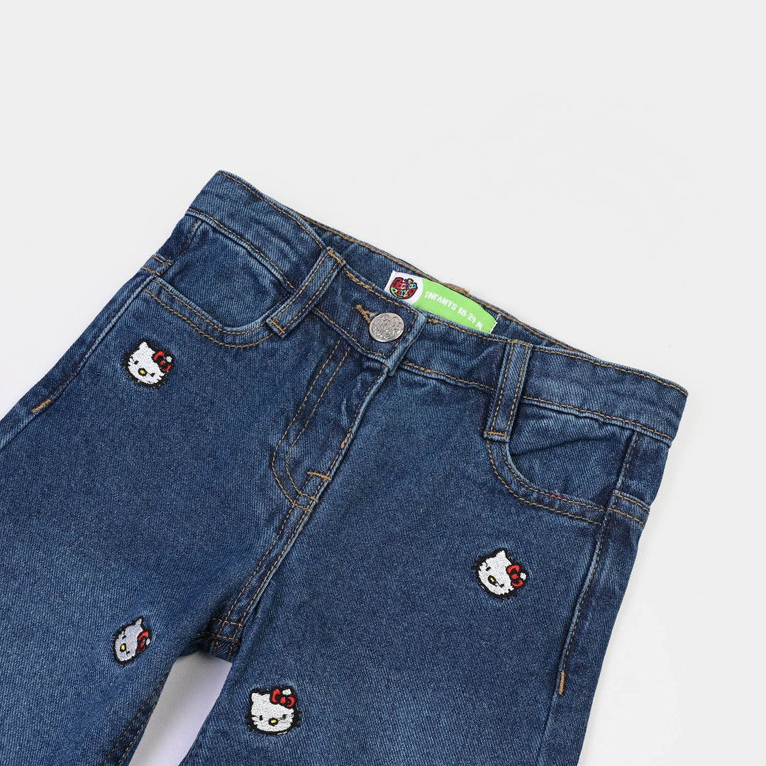 Infant Girls Denim Stretch Pant All Over Kitty-Mid Blue