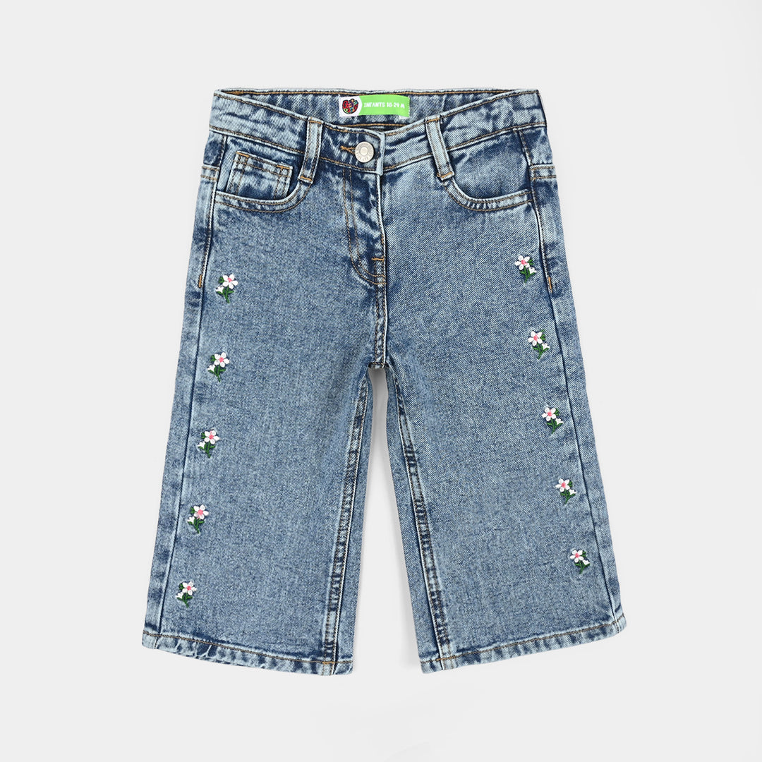 Infant Girls Denim Stretch Pant Side Seam Floral Embroidered – Mid Blue