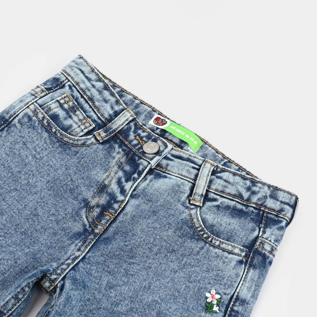 Infant Girls Denim Stretch Pant Side Seam Floral Embroidered – Mid Blue
