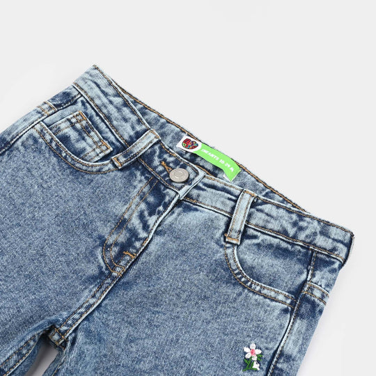Infant Girls Denim Stretch Pant Side Seam Floral Embroidered – Mid Blue
