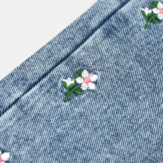 Infant Girls Denim Stretch Pant Side Seam Floral Embroidered – Mid Blue