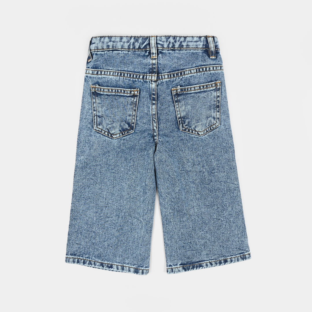 Infant Girls Denim Stretch Pant Side Seam Floral Embroidered – Mid Blue
