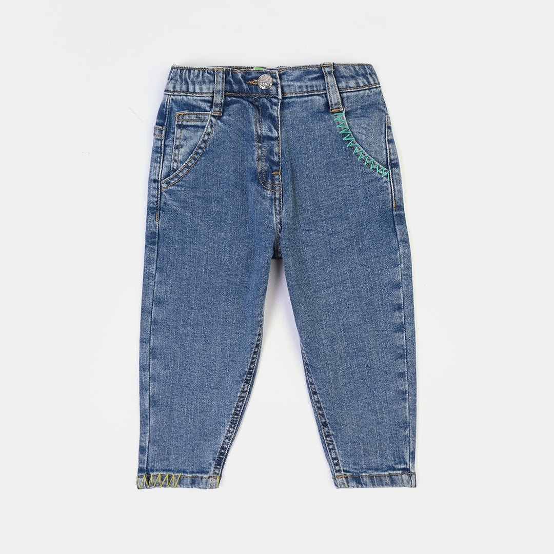 Infant Girls Denim Stretch Pant Pocket Emb-Mid Blue