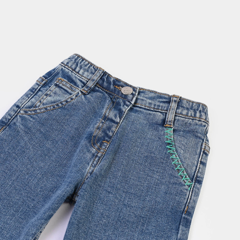 Infant Girls Denim Stretch Pant Pocket Emb-Mid Blue