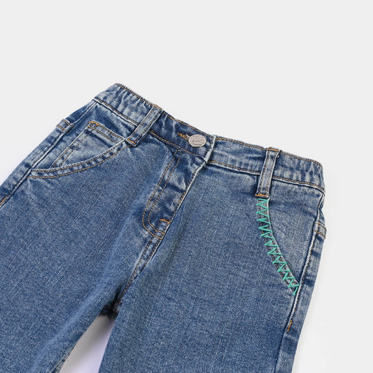 Infant Girls Denim Stretch Pant Pocket Emb-Mid Blue