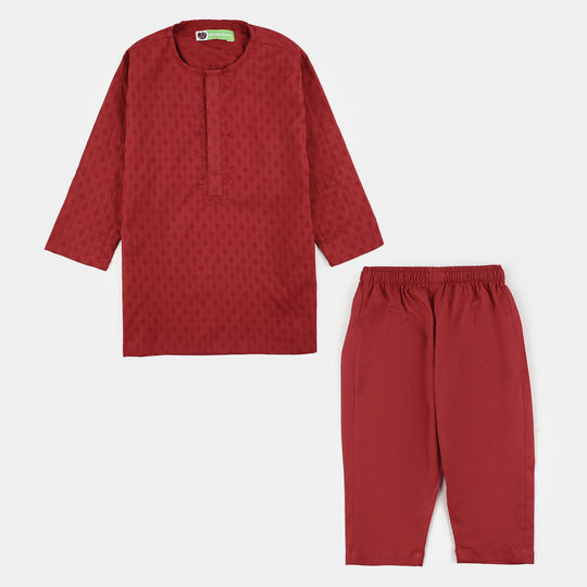Infant Boys Cotton Jacquard Kurta Pajama (Chin Boti) - Red