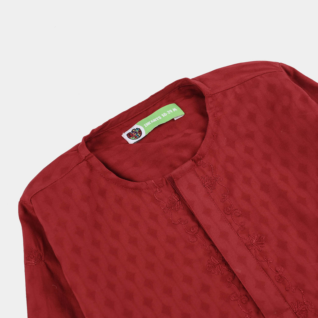Infant Boys Cotton Jacquard Kurta Pajama (Chin Boti) - Red