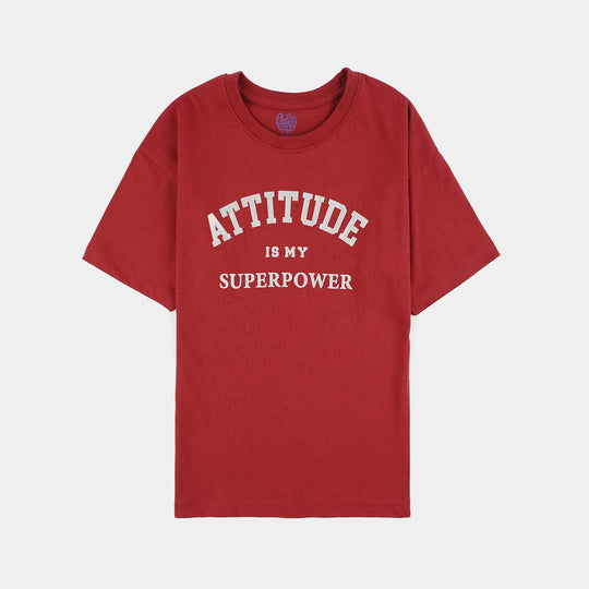 Girls Cotton Jersey T-Shirt (Attitude) - Red