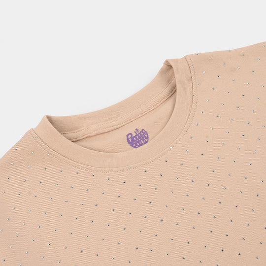 Girls Jersey/Terry T-Shirt (Studs) - Brown
