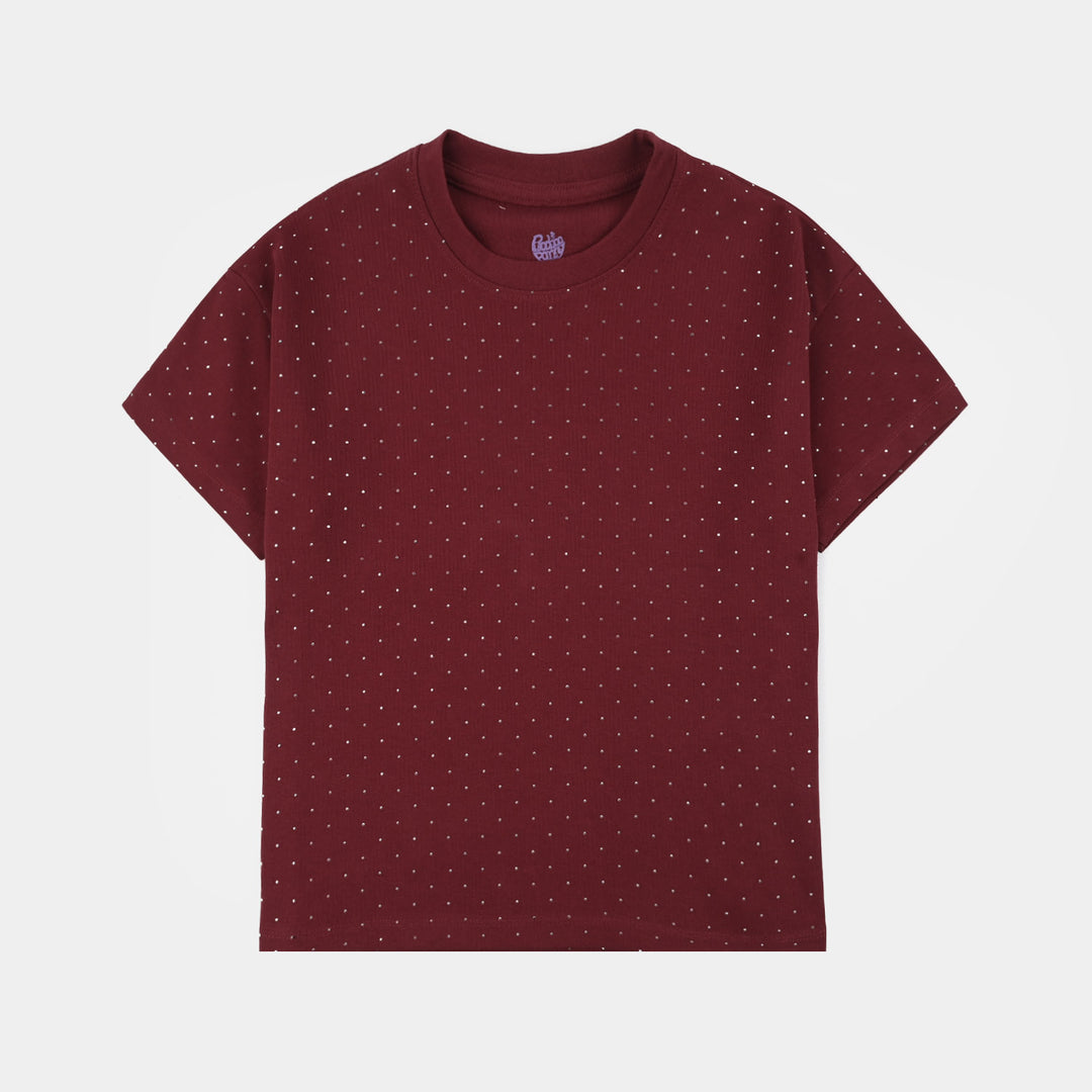 Girls Cotton Jersey T-Shirt Studs-RED